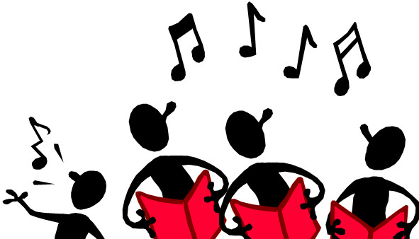 Sort silhuet af fire forenklede personer. Tre står med røde sanghæfter og den sidste gestikulere og synger. Sorte nodetegn danser hen over dem.